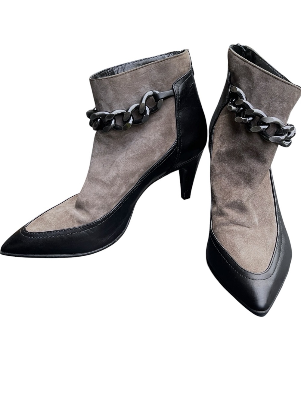 Napoleoni Black/Grey Chain Accent Leather Pointed Toe 3.5" Heel Ankle Boots (39)